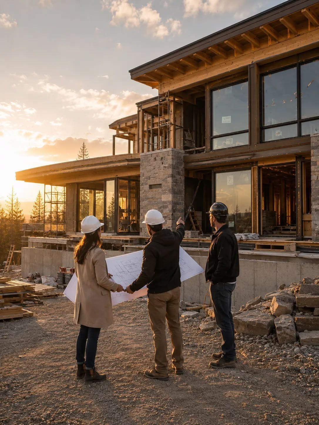 Home under construction at sunset